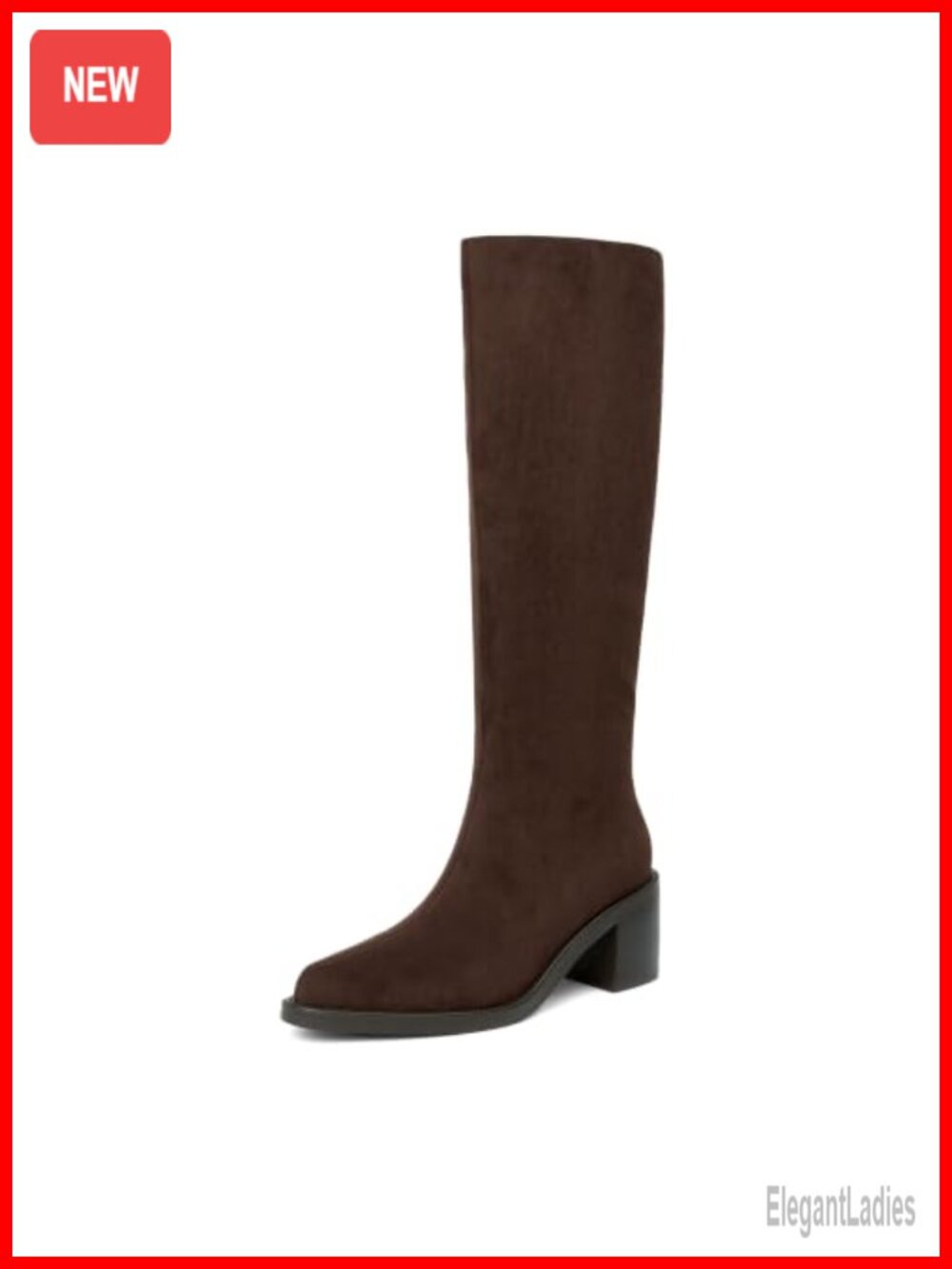 Split Square Toe Knee High Boots Chunky Block Heel Side Zip Faux Leather